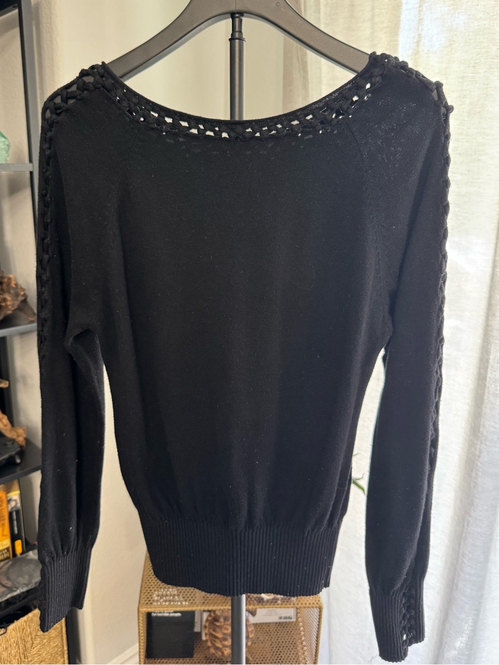 Black Crochet-Trim Crewneck Sweater